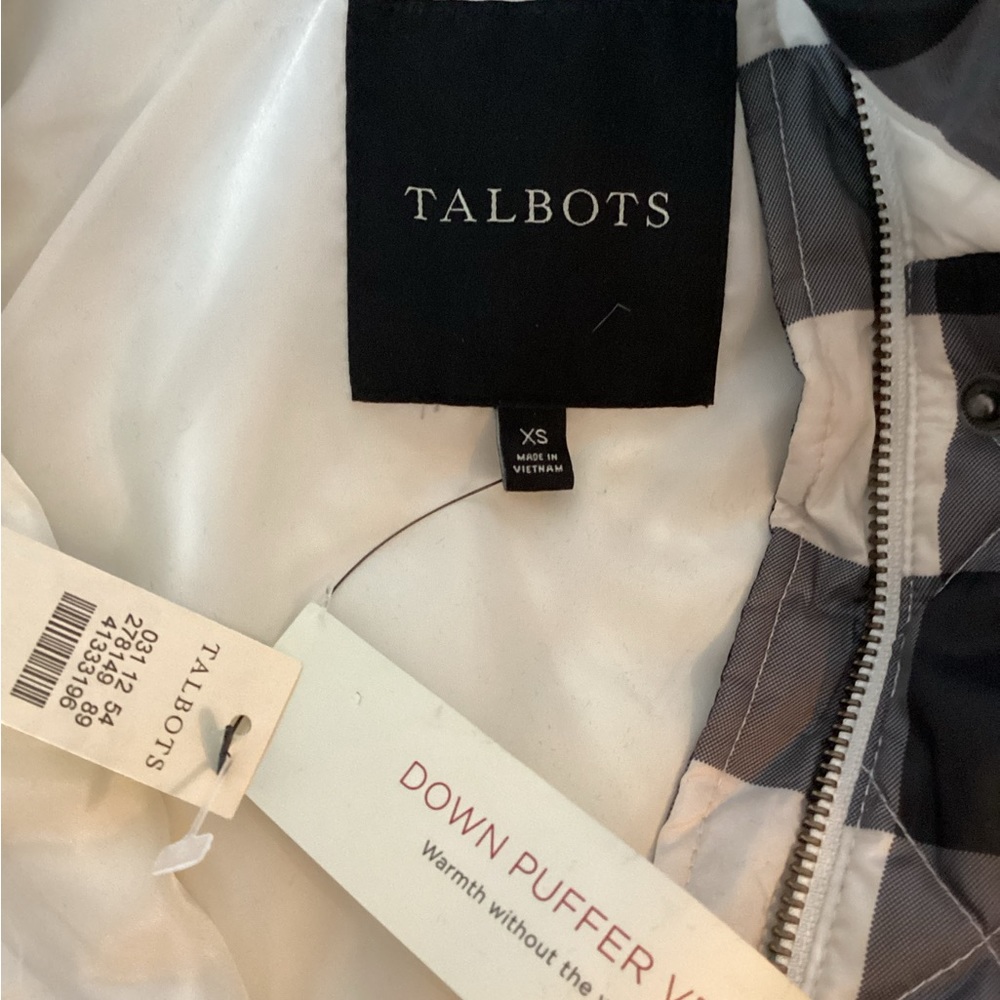 New Talbots Down Quilted Vest Black Grey White Large Buffalo Plaid Puffer XS - Picture 10 of 16